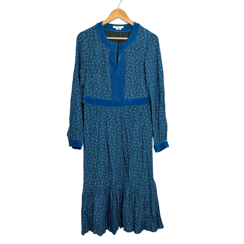 Boden Blue Floral Velvet Trim A-Line Long Sleeve Midi Dress W0228 Size US 8R